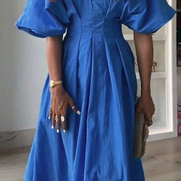 Blue Casual Women's V-Neck Back Hollow Bat-Sleeve Waist-Cinching A-Hem Dress - Picture 3 of 5
